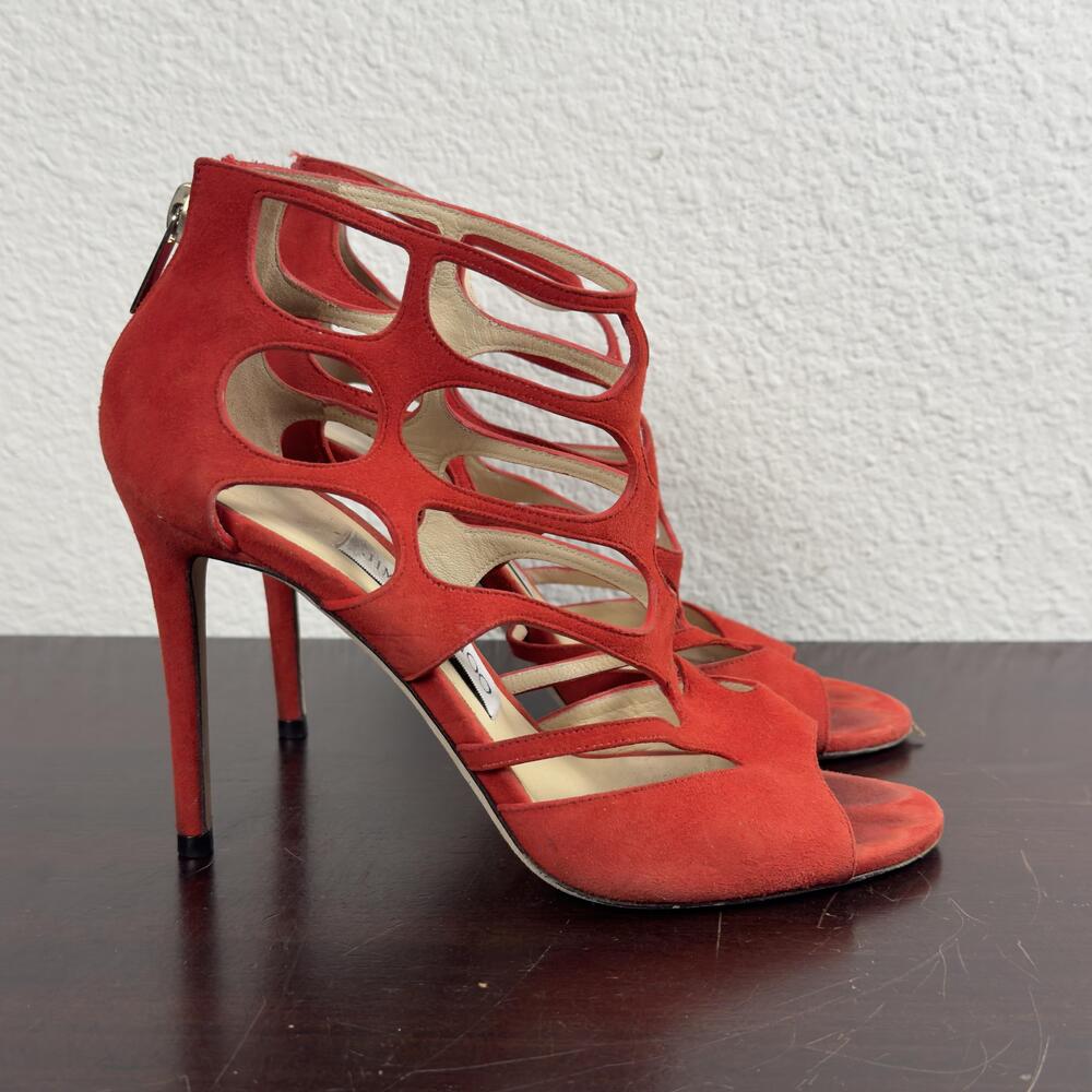 Jimmy Choo Sandals Womens Size 6 Red Suede Ren 100 Strappy High Heels Italy